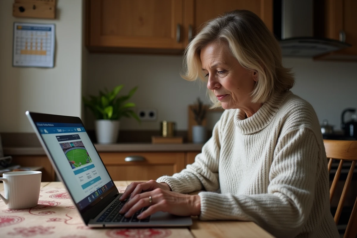 Femme achetant billets rugby sur ordinateur à la maison