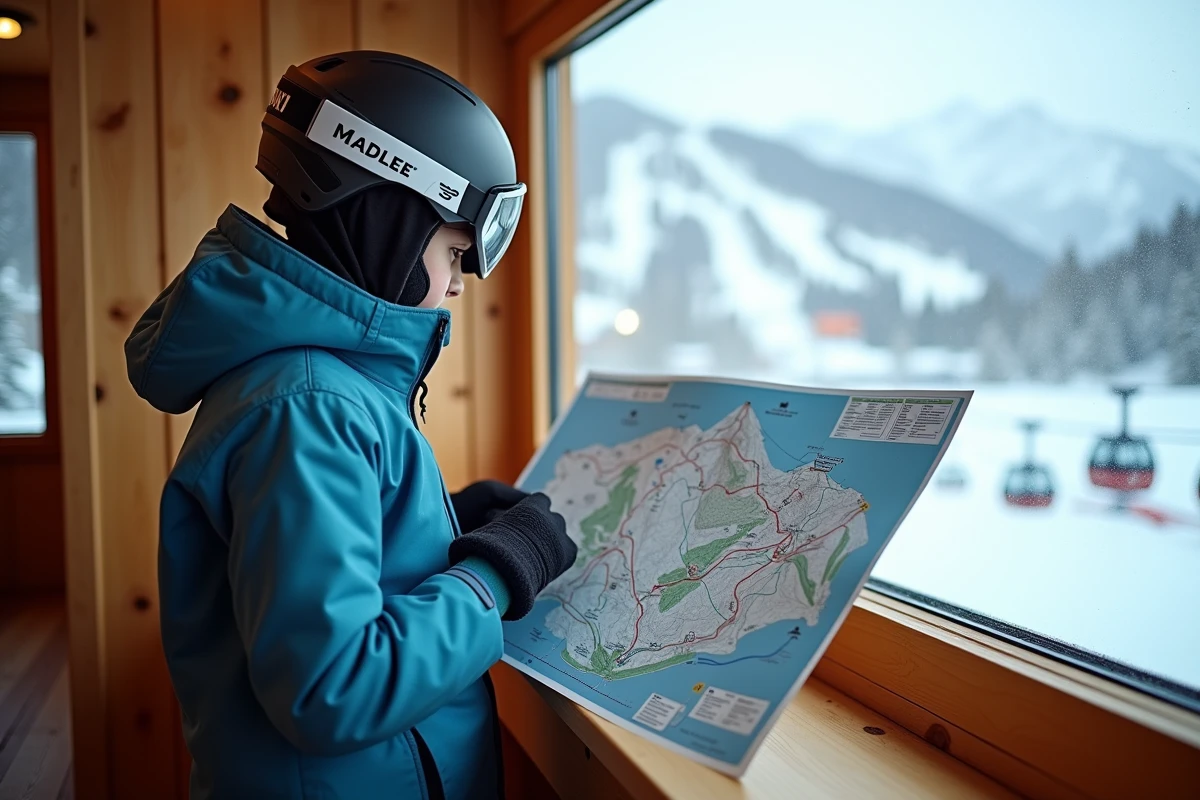 Adolescent étudiant une carte des pistes de ski
