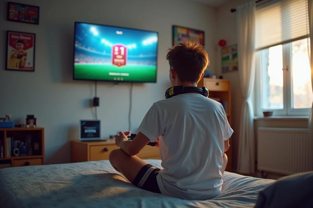 Adolescent jouant à FC 25 sur console dans sa chambre en utilisant les DCE pour améliorer son équipe