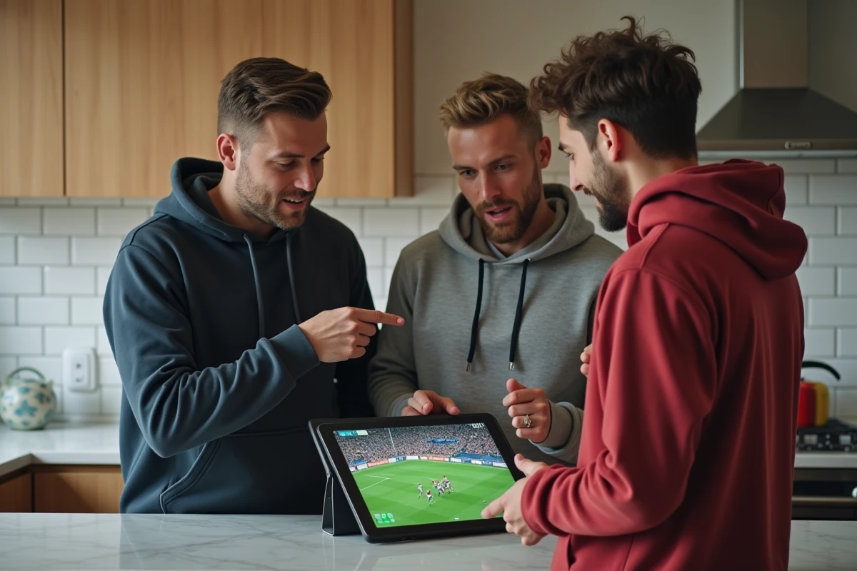 Groupe d'amis réunis autour d'une tablette pour regarder un match de football en streaming dans une cuisine moderne