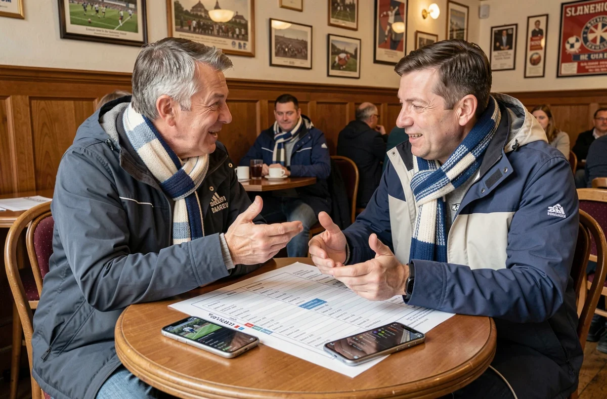 Deux supporters strasbourgeois analysant le classement 2026 de leur équipe autour d'une table dans une brasserie alsacienne