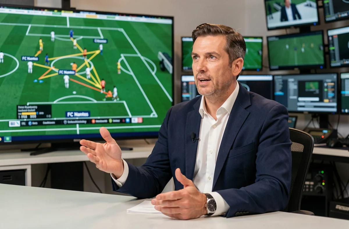 Analyste sportif commentant la tactique du FC Nantes sur un écran digital en studio TV
