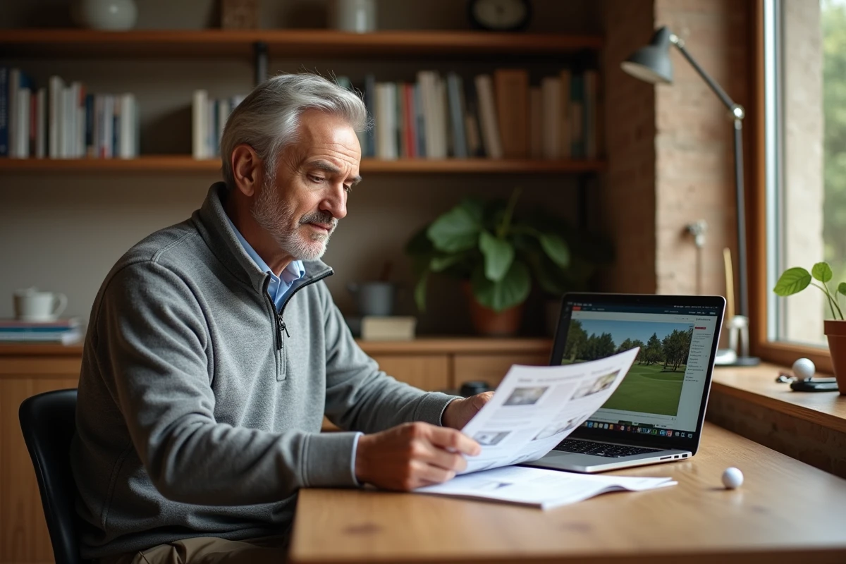 Golfeur amateur consultant des ressources pédagogiques en ligne sur un site dédié à l'apprentissage du golf