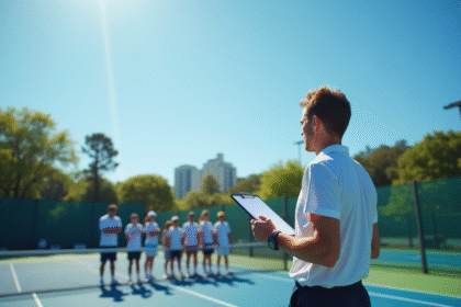 Arbitre de tennis avec tablette supervise un groupe de joueurs