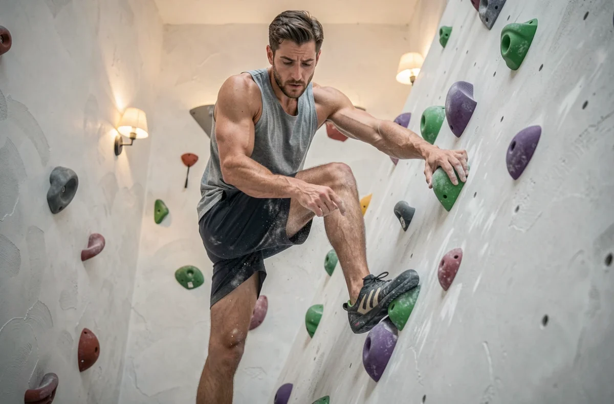 Grimpeur concentré sur une voie de bloc à Arkose Montmartre, salle d'escalade dans le 18e arrondissement de Paris