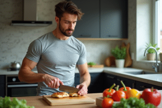Jeune athlète coupe un poulet grillé dans une cuisine moderne
