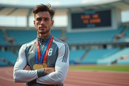 Athlète masculin avec médailles d'or sur un stade