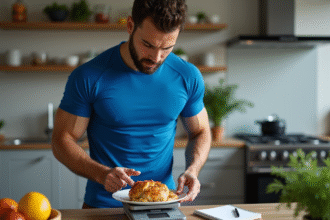 Jeune athlète pesant du poulet dans une cuisine moderne