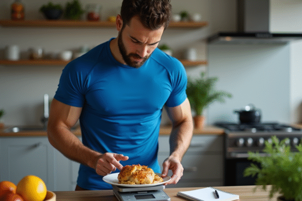 Jeune athlète pesant du poulet dans une cuisine moderne
