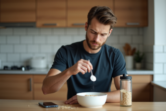 Jeune athlète au petit déjeuner sain dans la cuisine