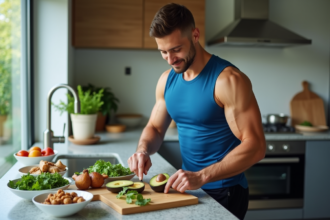 Jeune athlète préparant un repas lowcarb dans une cuisine moderne