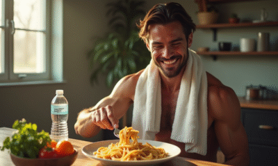 Athlète souriant avec serviette mangeant un grand plat de pâtes