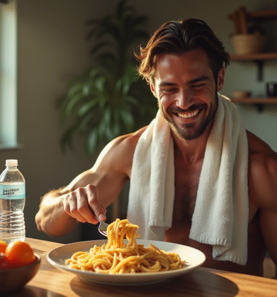 Athlète souriant avec serviette mangeant un grand plat de pâtes