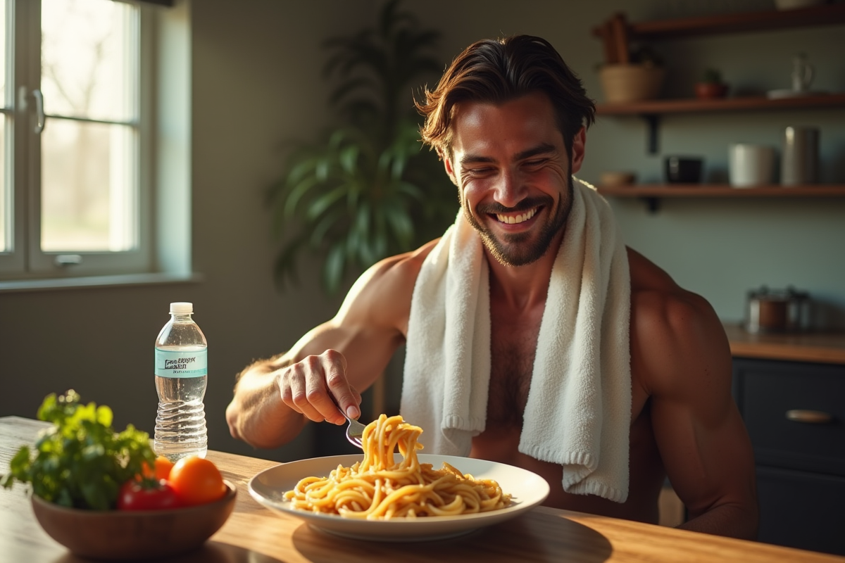 Athlète souriant avec serviette mangeant un grand plat de pâtes