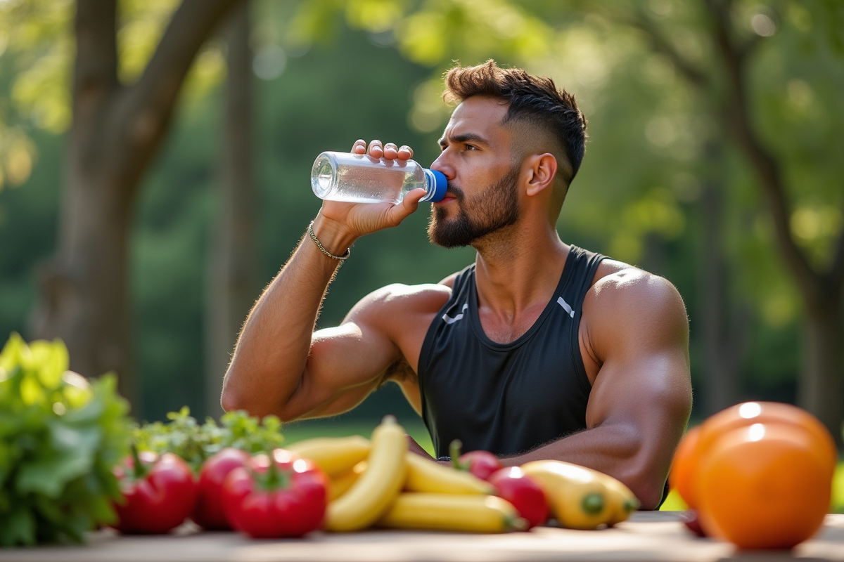 Athlète en pause buvant de l'eau avec fruits frais en plein air