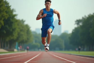 Jeune athlète en saut dans un parc avec ville en arrière-plan