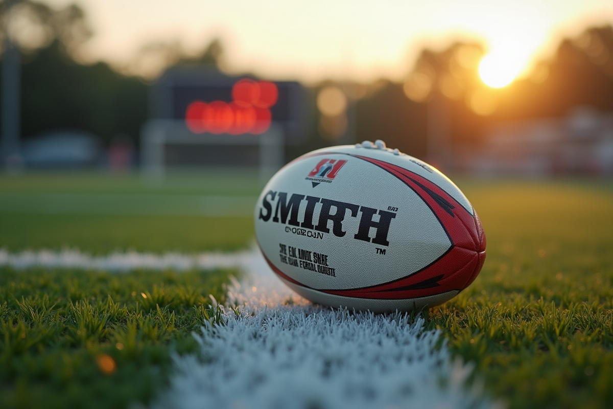 Gros plan sur un ballon de rugby sur la ligne blanche du terrain