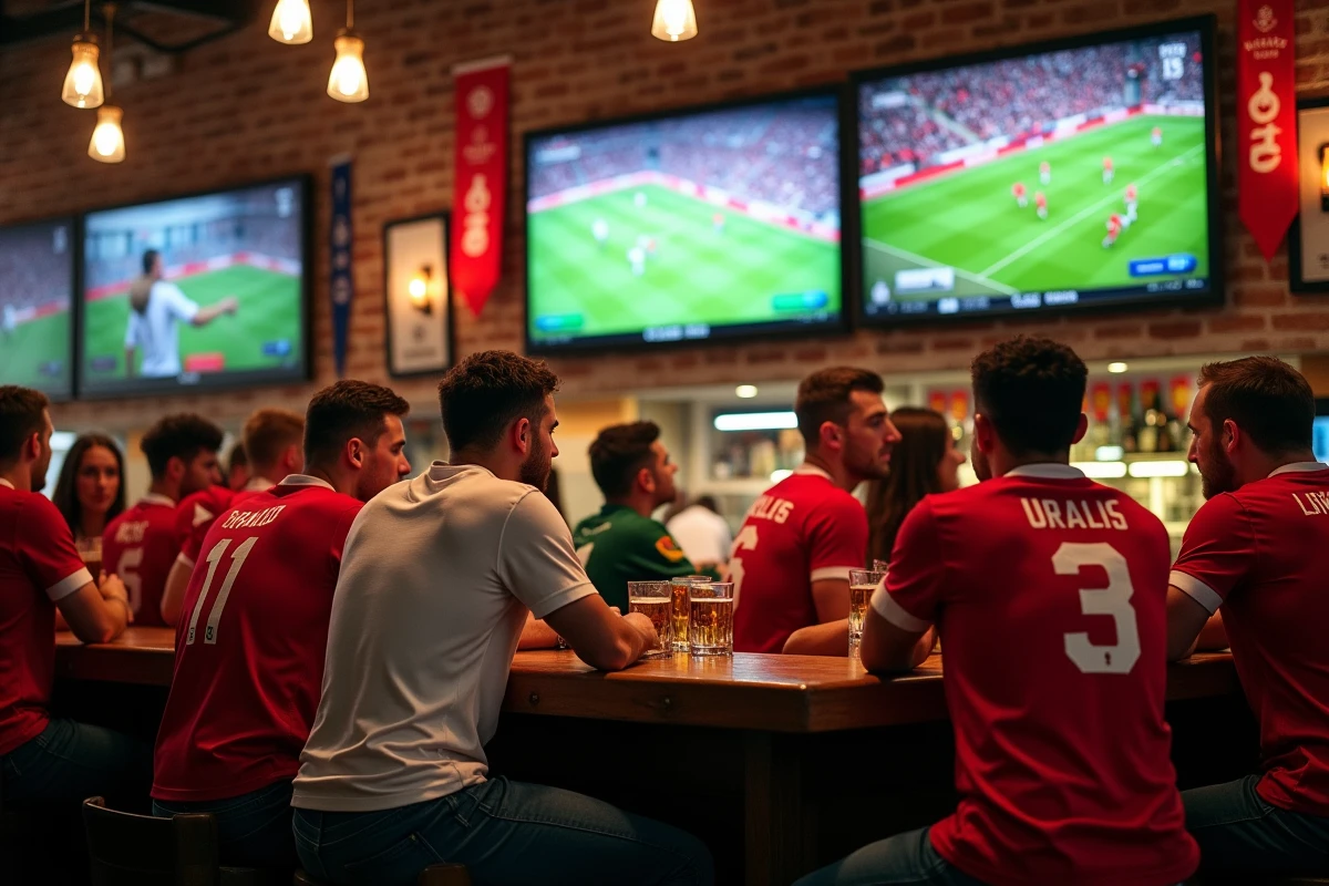 Bar sportif animé avec supporters regardant le Tournoi des 6 Nations 2026 sur grands écrans entourés de décorations rugby