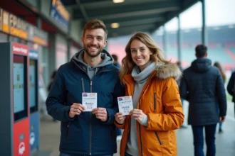 Jeune homme et femme avec billets rugby devant kiosque