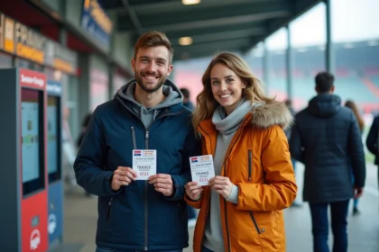 Jeune homme et femme avec billets rugby devant kiosque