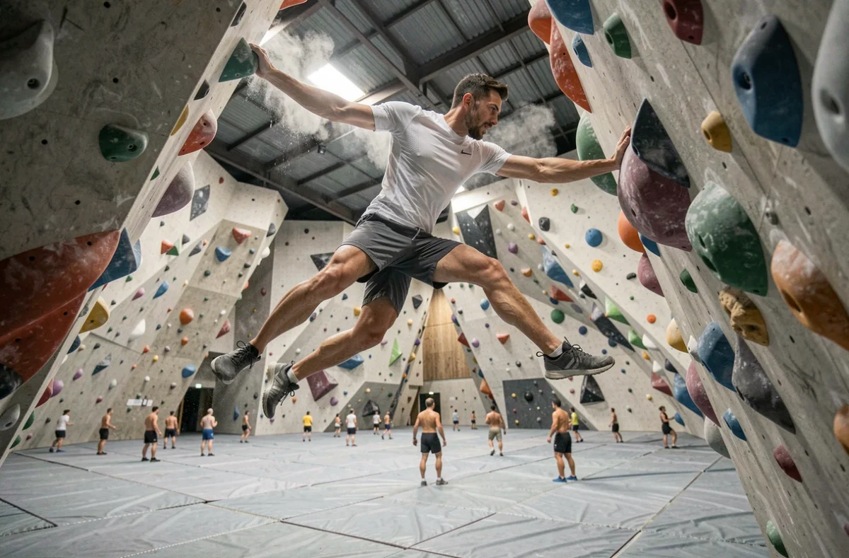 Grimpeur en mouvement dynamique sur un grand mur de bloc dans la vaste salle Block'Out Paris en Île-de-France