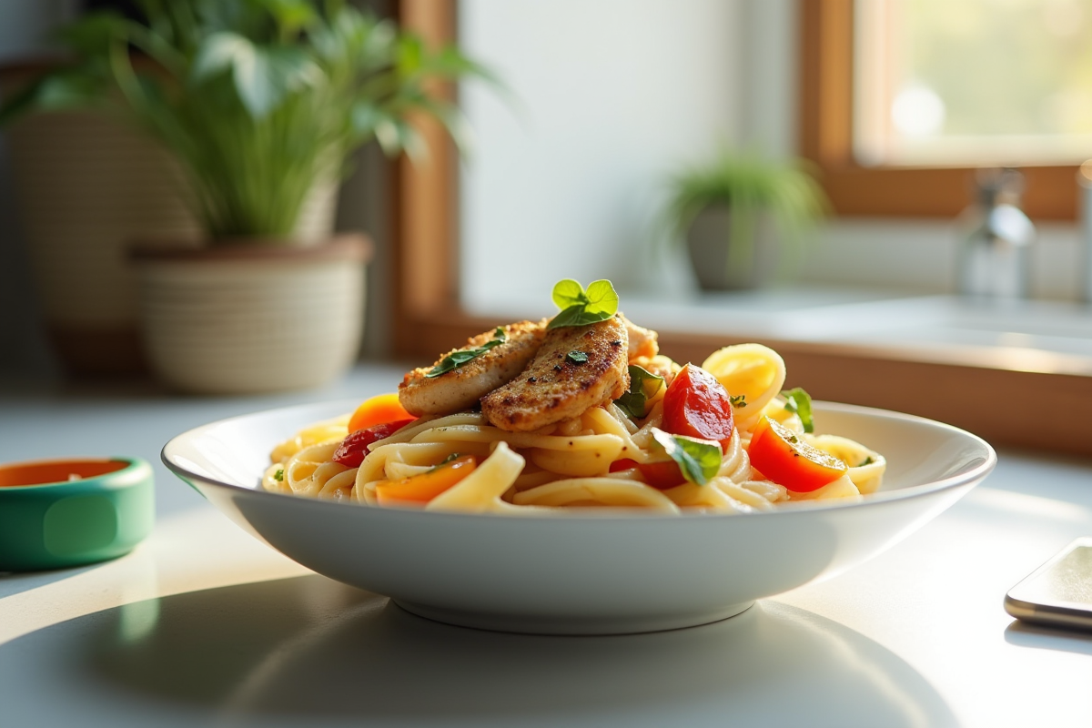Bol de pâtes avec poulet et légumes colorés sur comptoir lumineux