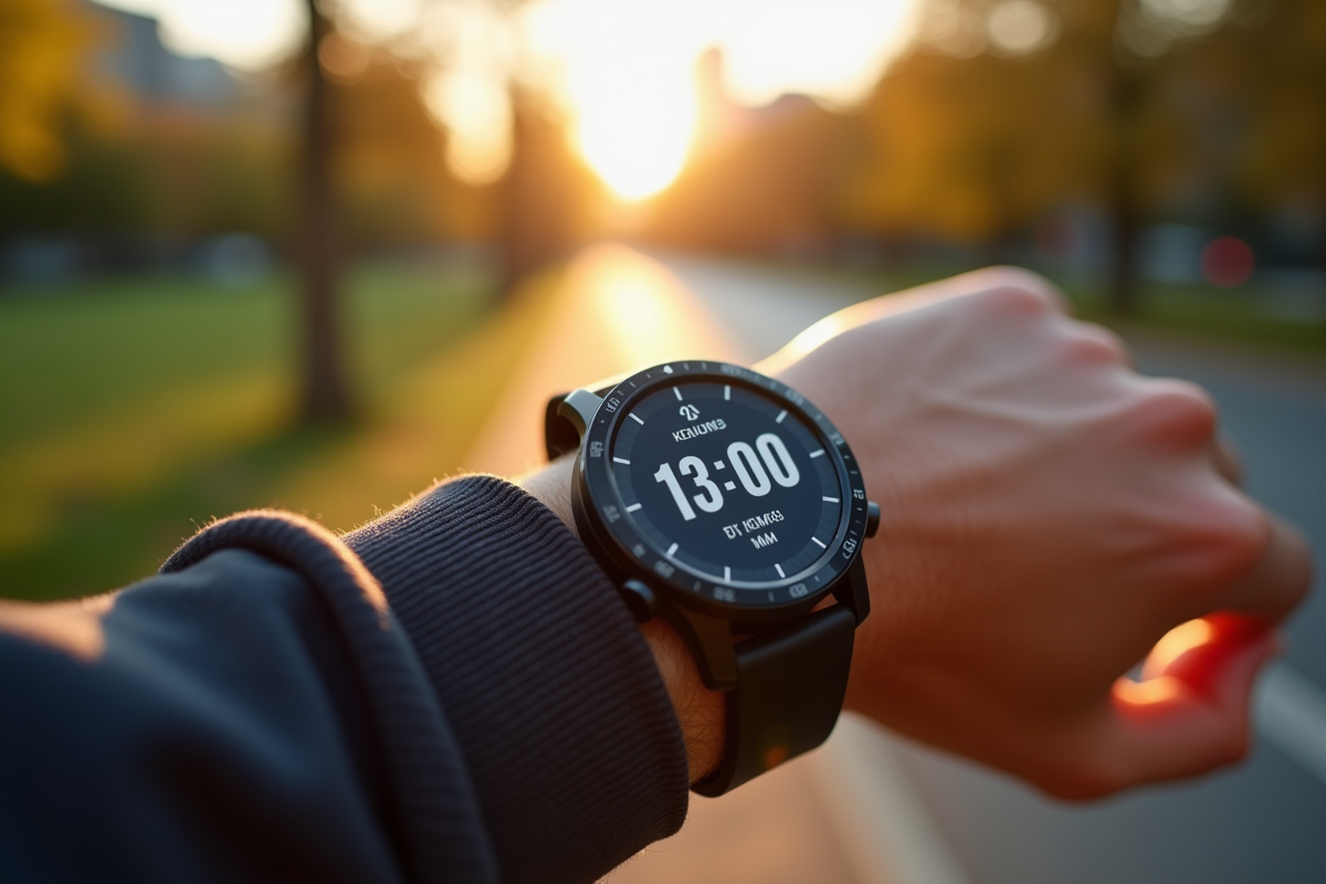 Montre connectée affichant 13000 pas et distance km