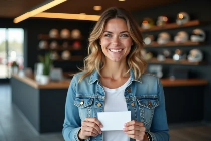 Femme souriante tenant une carte cadeau karting dans une réception de circuit, idée cadeau original pour adulte