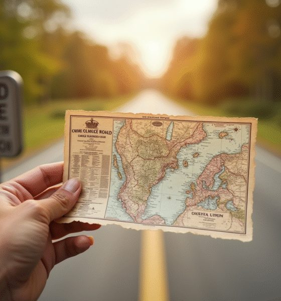 Main tenant une carte routière vintage en plein air