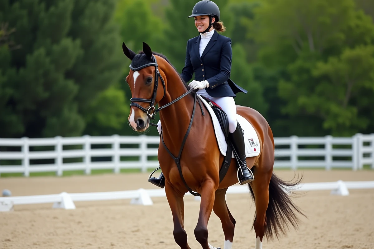 Cavalière en compétition guidant un cheval lors d'un dressage