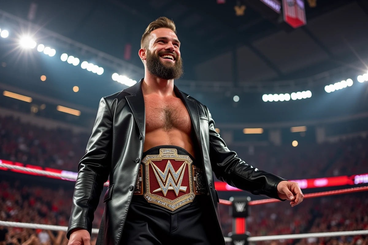 Lutteur avec ceinture de champion dans une arene