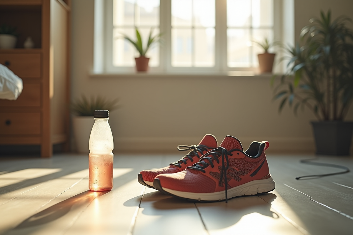 Chaussures de course abandonnées et bouteille poussiéreuse