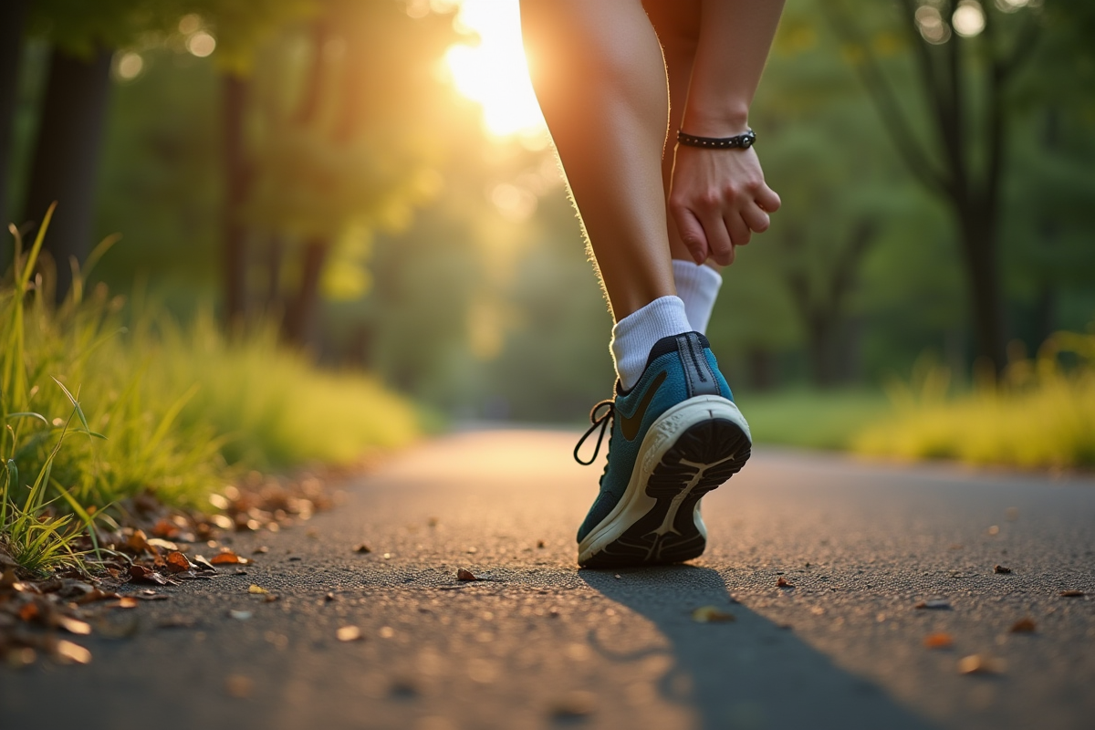 Détail de chaussures de course avec compteur de pas en main