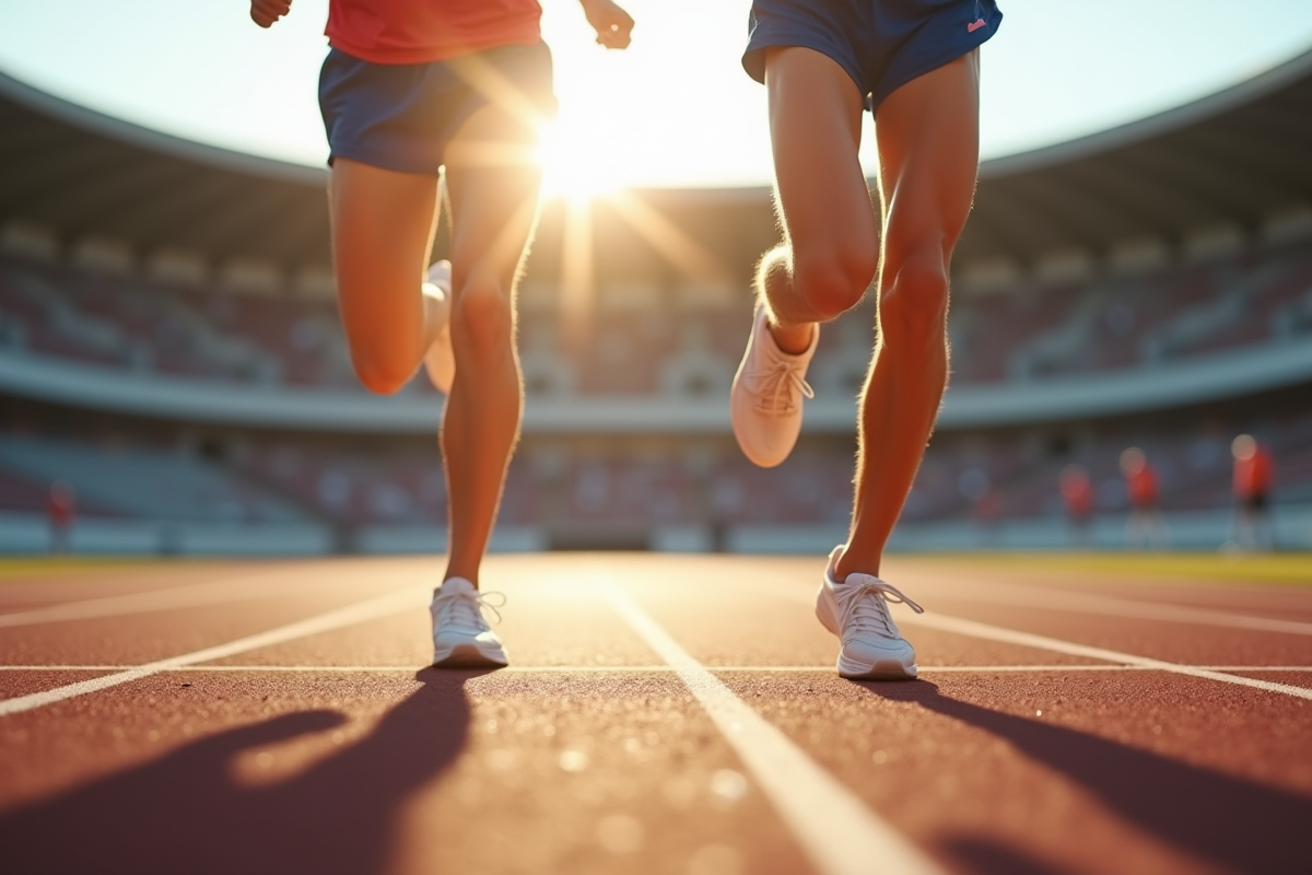 Détail de chaussures de course et jambes en pleine accélération