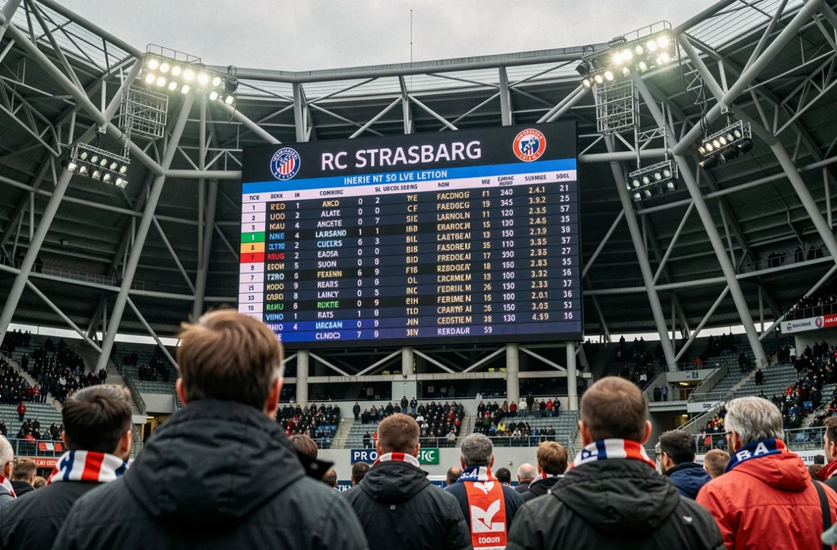 Tableau de classement de Ligue 1 2026 affiché dans le stade de Strasbourg avec des supporters en train de consulter les résultats