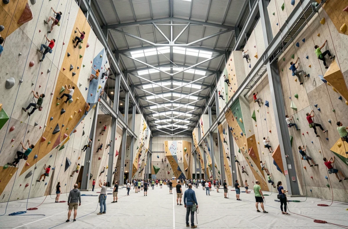 Vue intérieure immense de Climb Up Aubervilliers, la plus grande salle d'escalade au monde avec ses murs géants