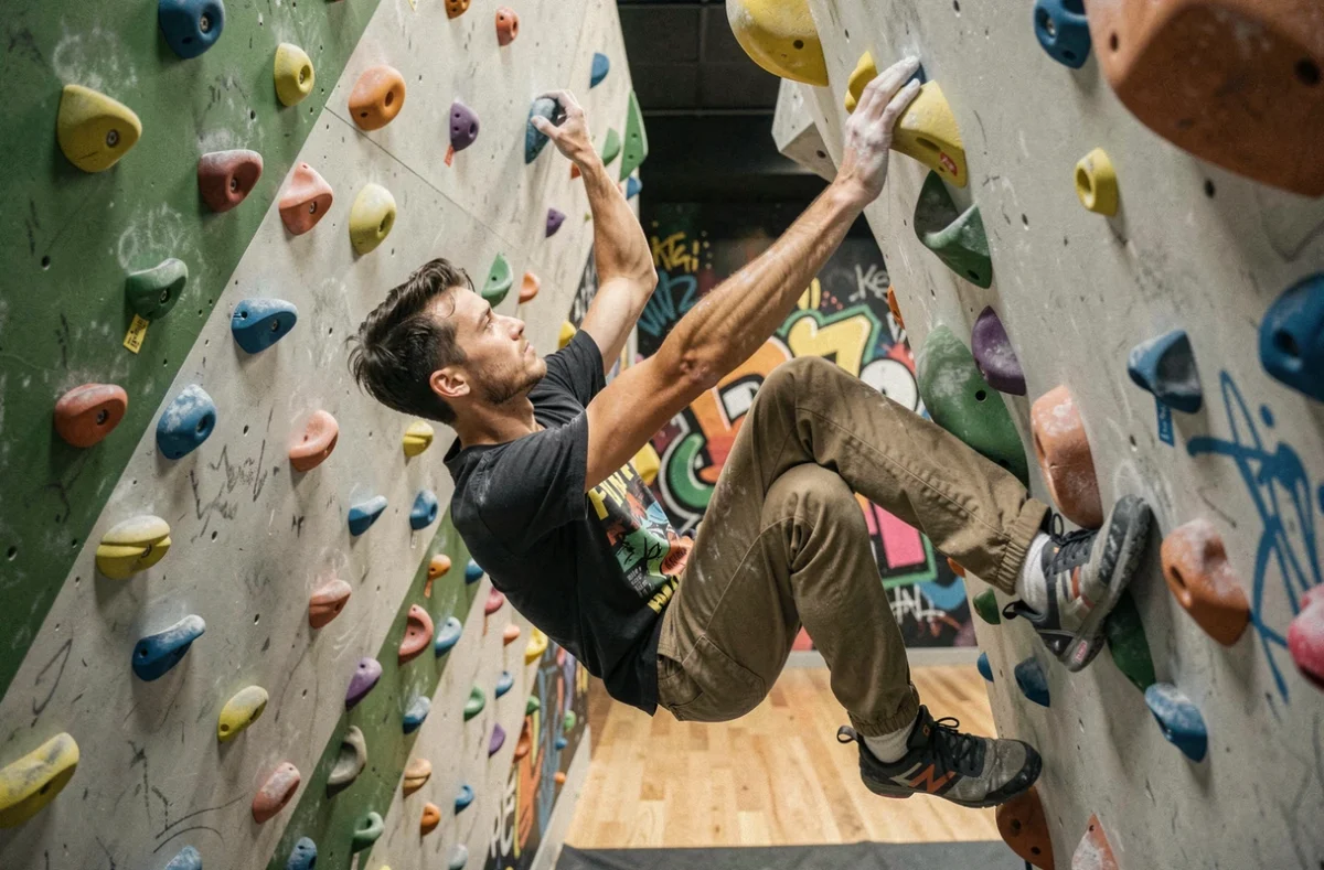 Grimpeur en mouvement dynamique sur un bloc au Climbing District Bastille, salle de bloc parisienne tendance
