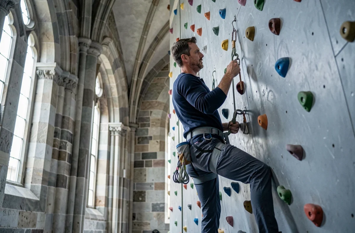 Grimpeur en voie dans la salle Climbing District Saint-Lazare aménagée dans une ancienne chapelle aux voûtes en pierre