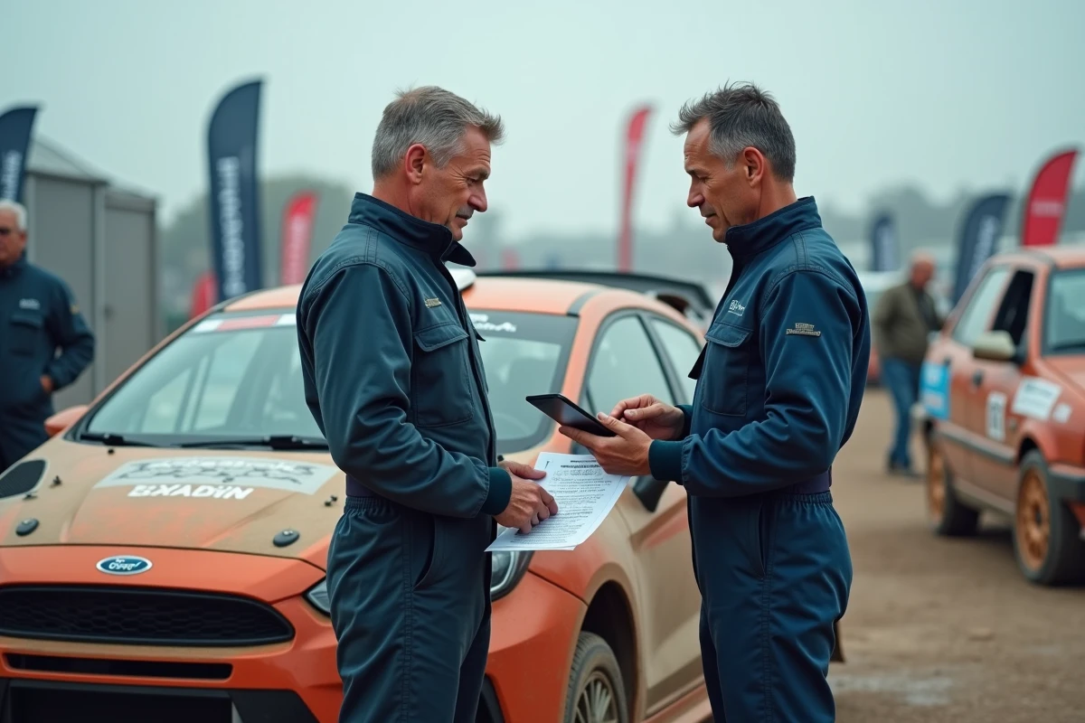 Deux co-pilotes amateurs en combinaison de rallye consultant les délais de licence et d'engagement 2026 dans un paddock