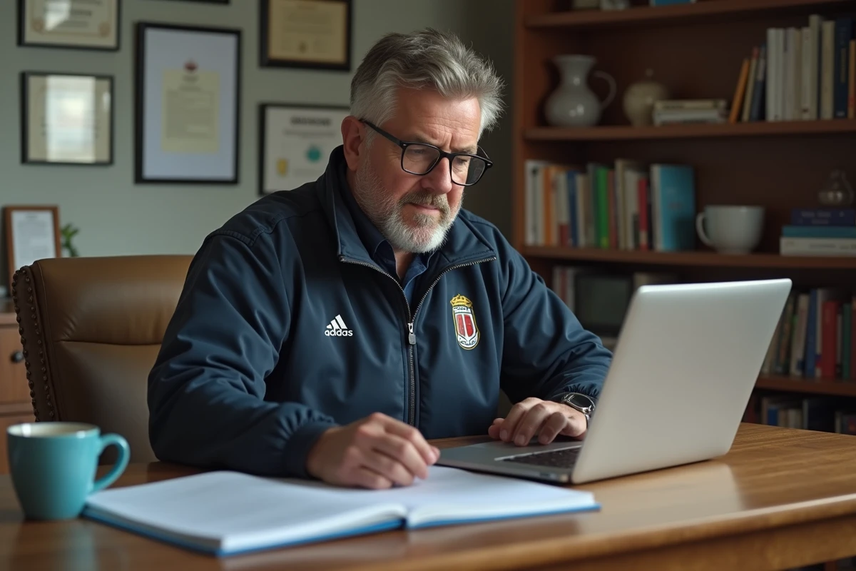 Entraineur enregistrant son équipe de football au bureau