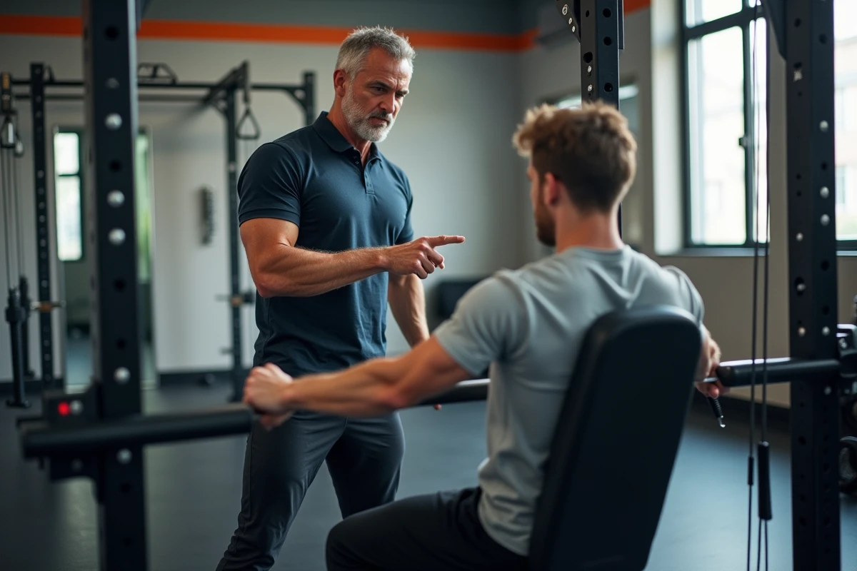 Coach personnel expliquant la technique du tirage poulie dos à un débutant en salle de musculation