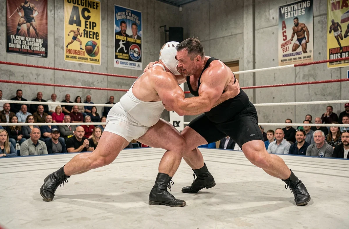 Deux catcheurs en plein combat dans un ring de catch en France, dont un masqué en blanc inspiré de l'Ange blanc
