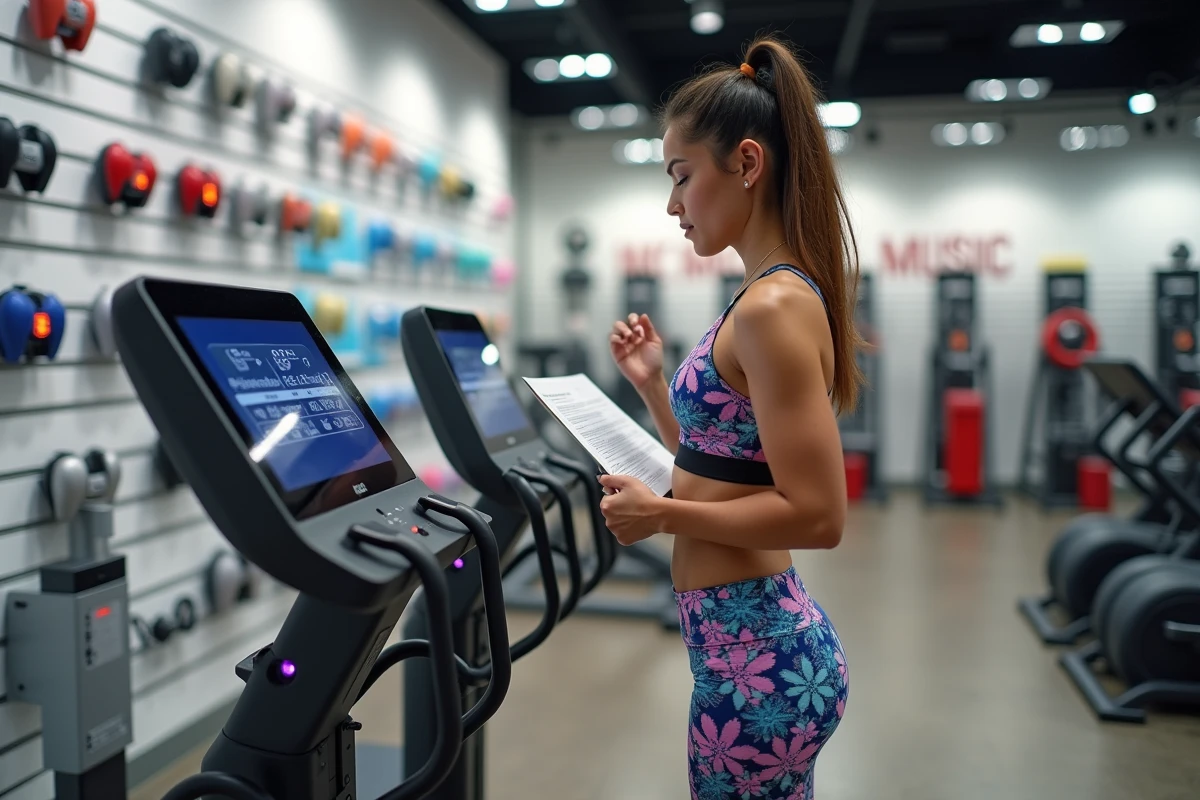 Femme comparant deux modèles de machines de boxe musicale dans un magasin de sport spécialisé