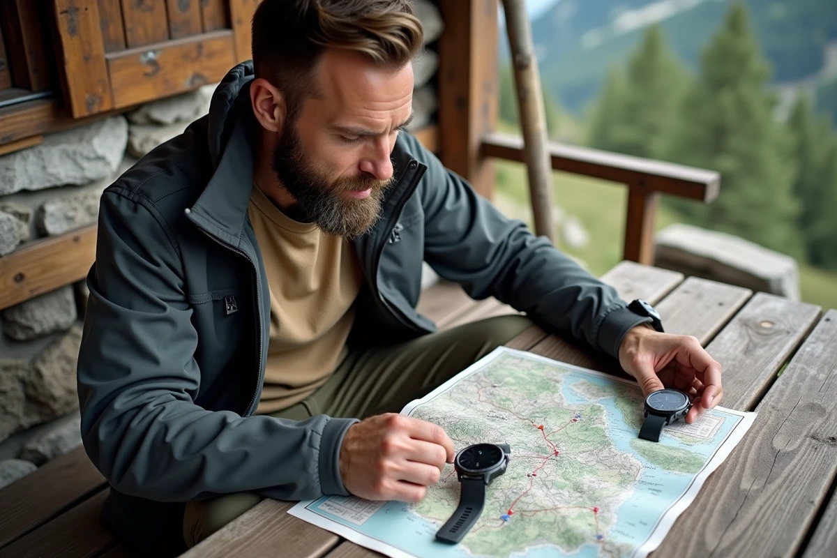 Randonneur comparant deux montres GPS trail sur une carte topographique devant un refuge de montagne