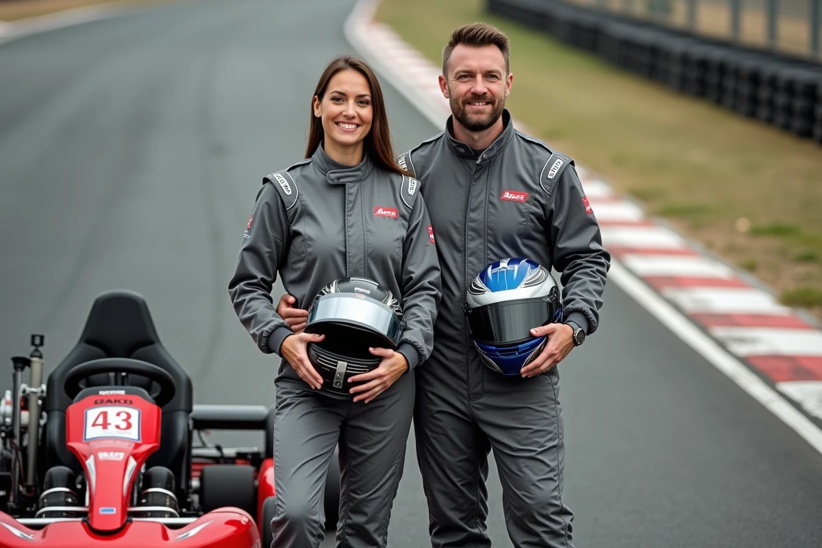 Couple en combinaison de karting posant avec un kart rouge sur un circuit extérieur, expérience karting en cadeau
