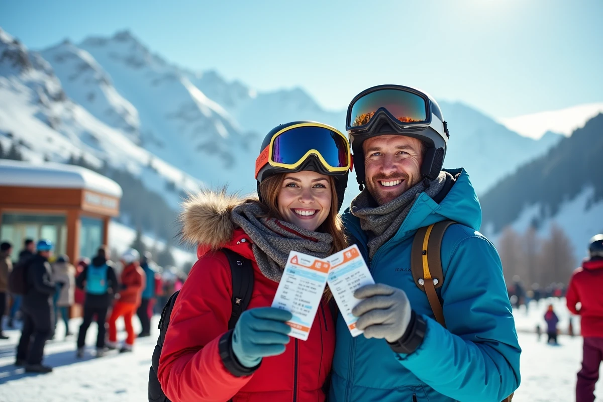 Couple de skieurs tenant leurs forfaits aux Deux Alpes devant les remontées mécaniques et les pistes enneigées