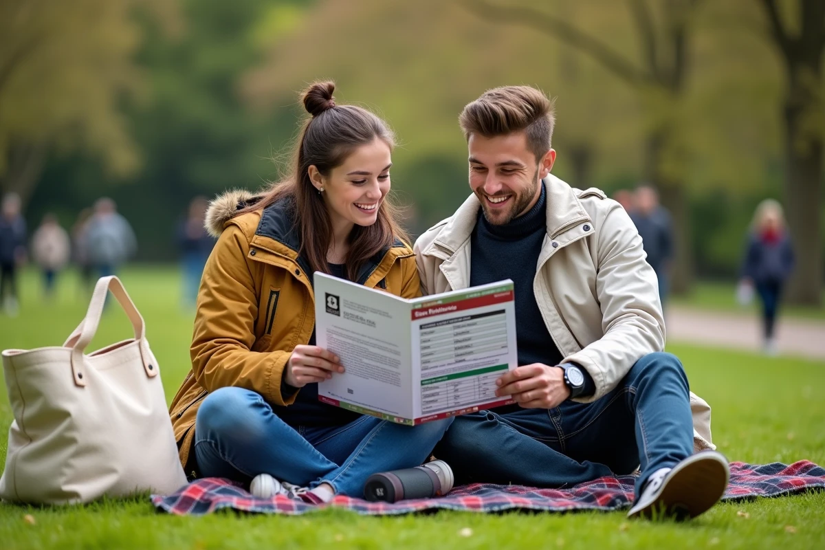 Couple de jeunes adultes dans un parc consultant le programme des matchs du Tournoi des 6 Nations 2026 sur une couverture tartan