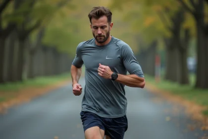 Coureur consultant sa montre GPS pour calculer sa vitesse en minutes par kilomètre sur une route d'entraînement