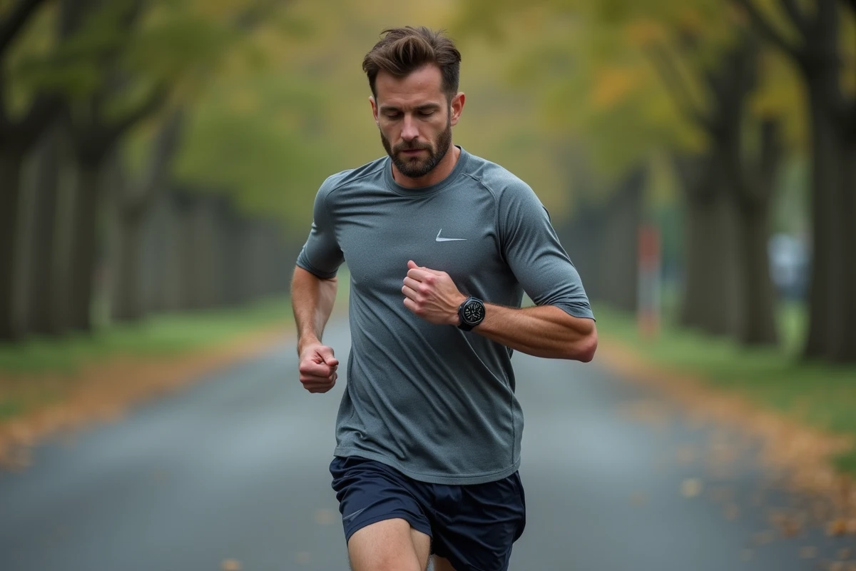 Coureur consultant sa montre GPS pour calculer sa vitesse en minutes par kilomètre sur une route d'entraînement