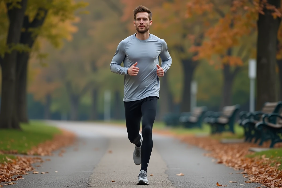 Coureur masculin trottant lentement sur un chemin de parc urbain en automne lors d'une reprise progressive après blessure